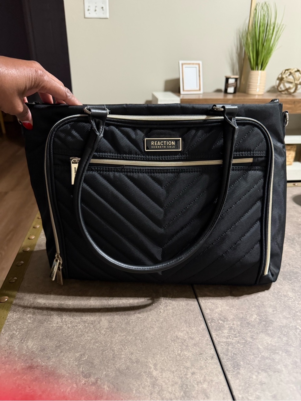 Kenneth Cole Reaction Black Quilted Tote with Gold Accents